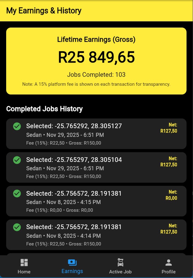 Earnings and history screen